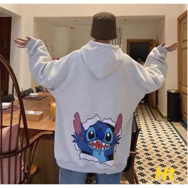 Áo hoodie nỉ mũ in Stitch chó tài thỏ xanh