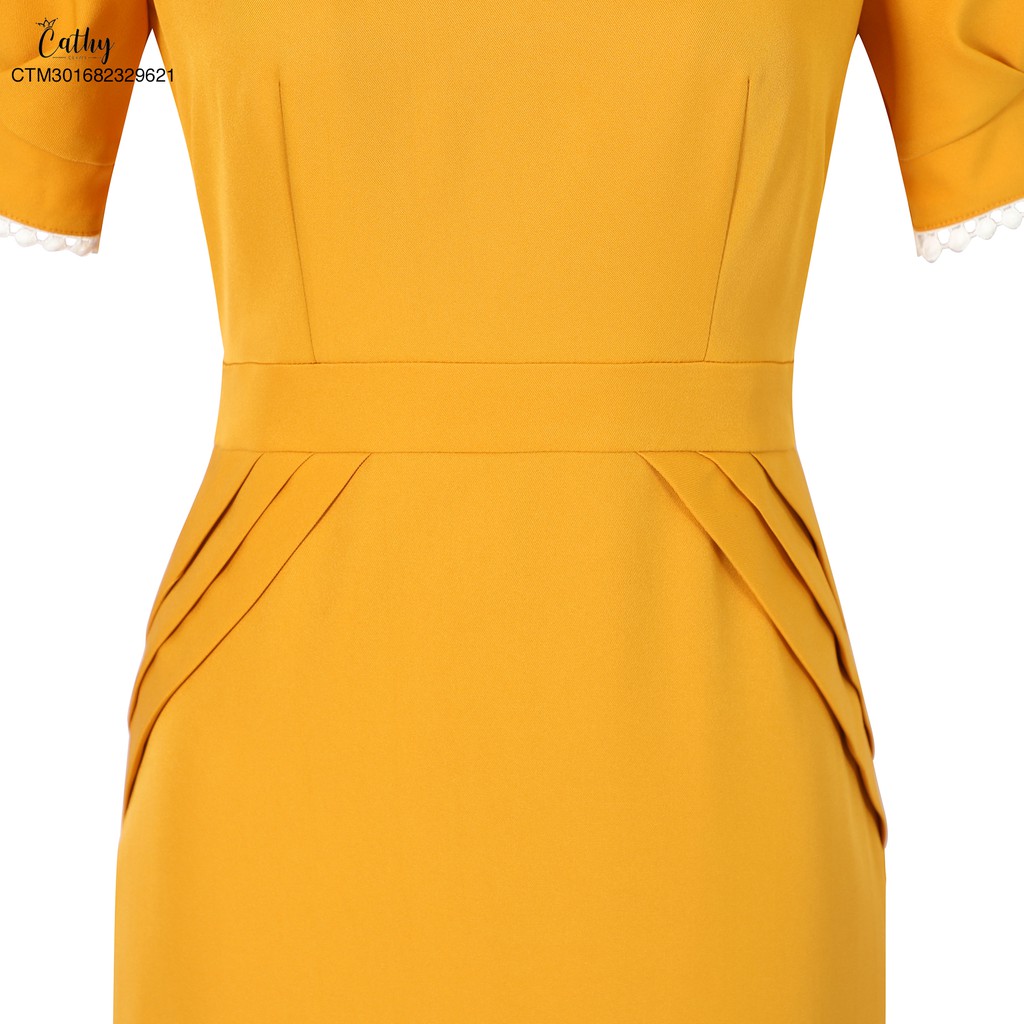 Đầm bút chì Cathy Clans bút chì viền ren trắng - vàng đậm | BigBuy360 - bigbuy360.vn