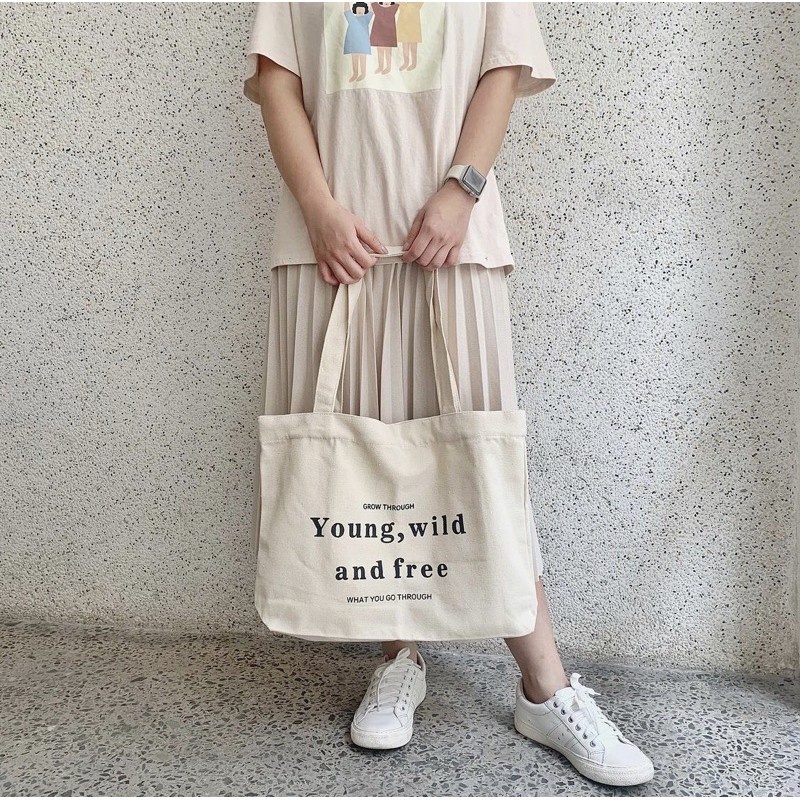 Túi Tote Vải Canvas Nữ phong cách thời trang Ulzzang Hàn Quốc có khóa trong in Young Wild Free giá rẻ TD06 Tuidepstore