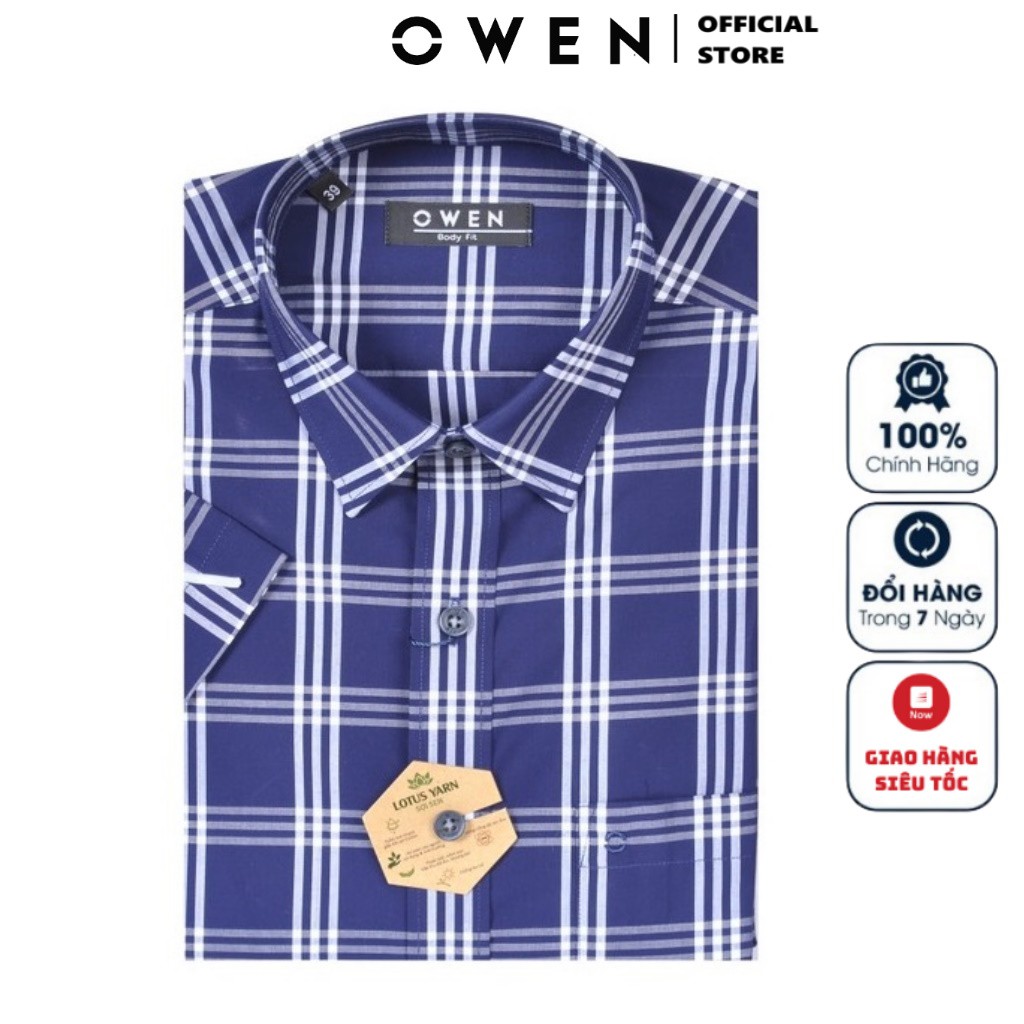 Áo Sơ Mi Nam Ngắn Tay Owen BA20652NT Somi Cộc Tay Công Sở Cao Cấp Kẻ Caro Xanh Navy Chất Sợi Sen Dáng Body Fit Tà Bằng