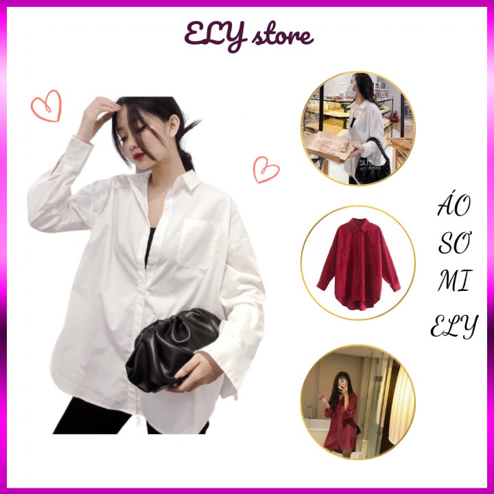 Áo sơ mi dài tay cho nữ form rộng basic unisex trơn màu ELYSTORE có 2 màu Trắng,Đen