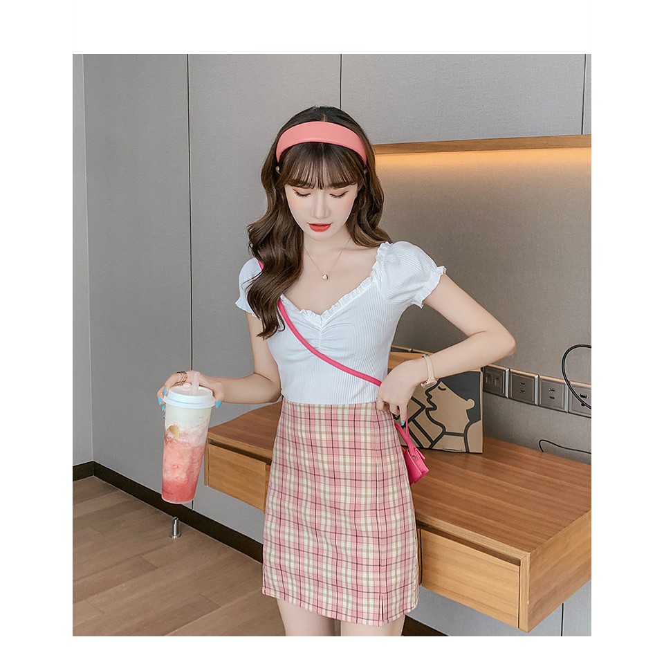 Váy Chữ A  Cạp Cao Kẻ Ca-Ro Dễ Thương Phong Cách Hàn Quốc | BigBuy360 - bigbuy360.vn