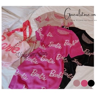 Gaeul store- Váy đầm len body nữ cổ tròn tay cộc in chữ BABIE chất len dệt kim