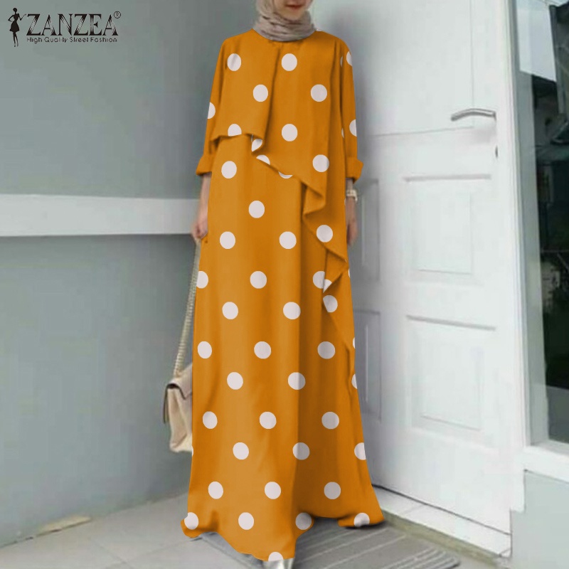 Zanzea Đầm Maxi Tay Dài In Họa Tiết Chấm Bi Dành Cho Phụ Nữ Hồi Giáo