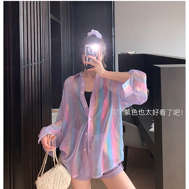 Áo Sơ Mi Tay Dài Dáng Rộng Màu Tím Thời Trang Mùa Hè Xinh Xắn Cho Nữ