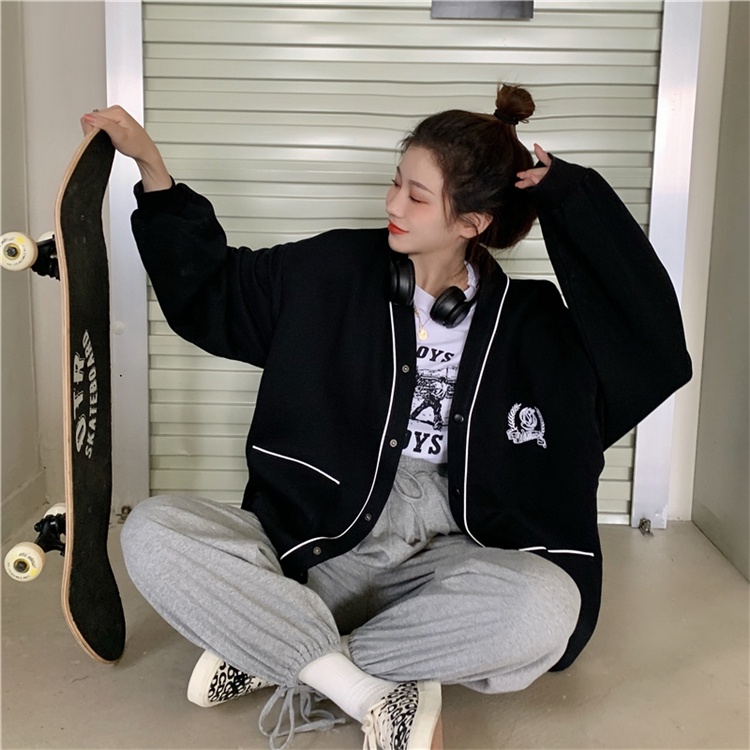 LEEVA - Áo khoác vải nữ nút bấm form rộng unisex K009