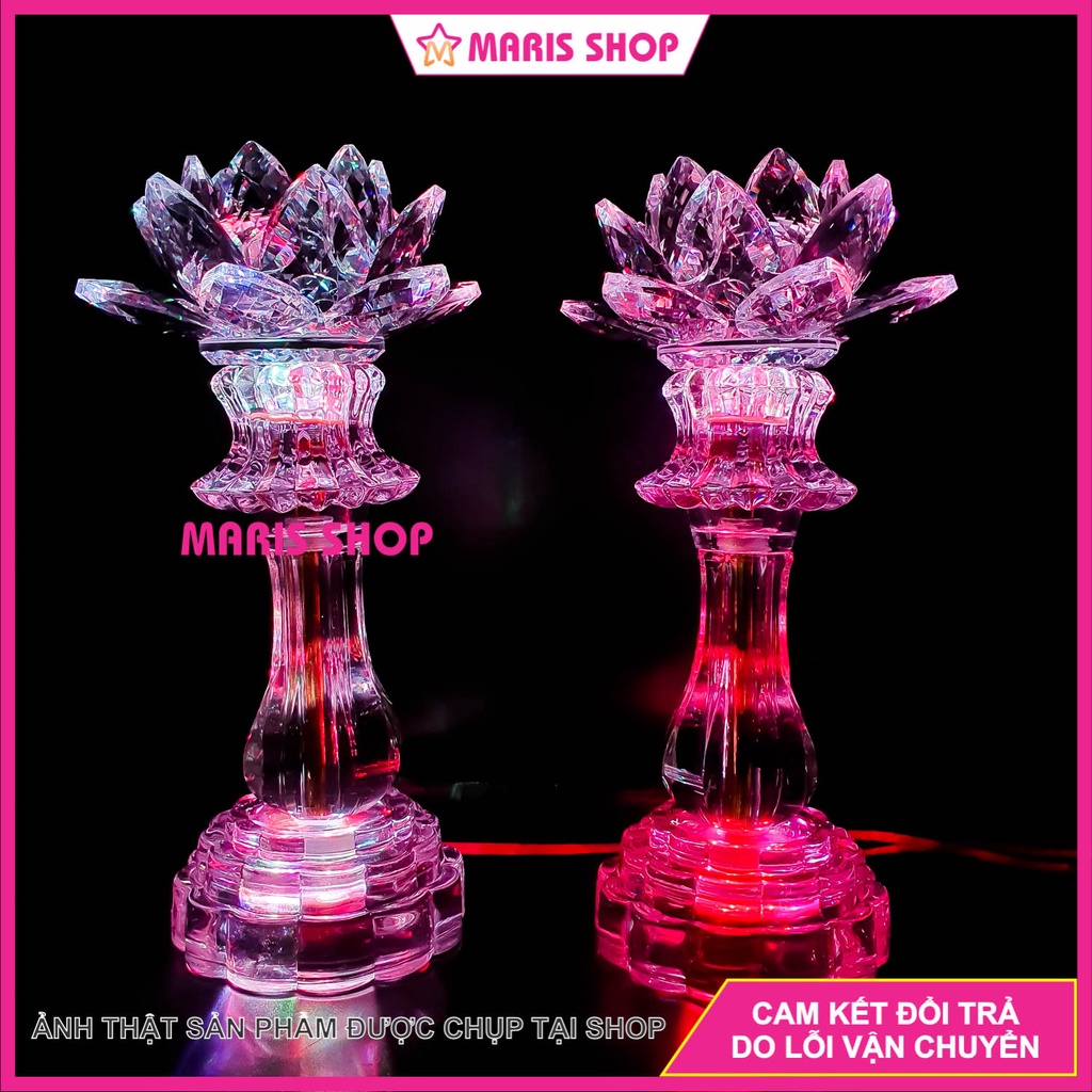 Đèn Bàn Thờ Sen PHA LÊ Cao Cấp Nguyên Khối Phát Sáng Toàn Thân Cao 26cm Sử Dụng Mạch LED Cao Cấp