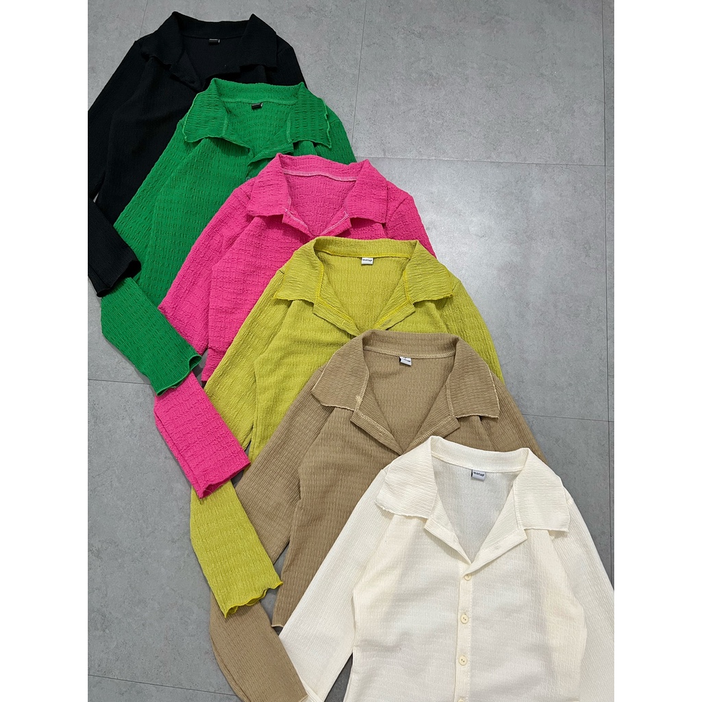 Áo croptop nữ tay dài HHVINTAGE kiểu polo nút cài Top A17