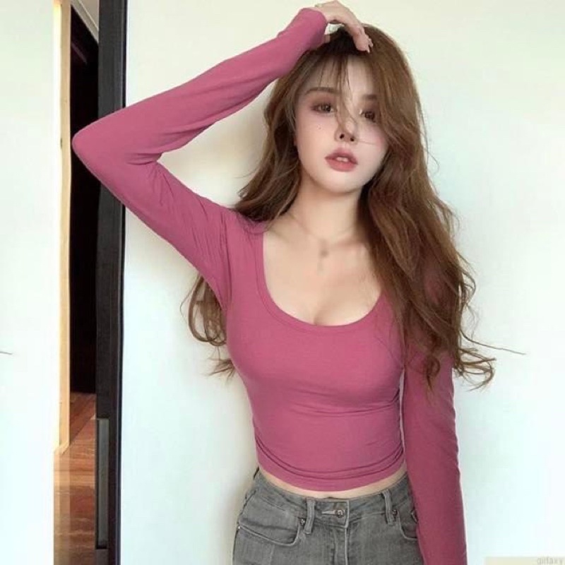 Áo thun tay dài ôm sát body cổ tròn co dãn hồng sen - Order taobao quảng châu