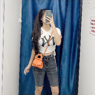 Áo thun lụa croptop NY rút 2 bên eo xinh xắn