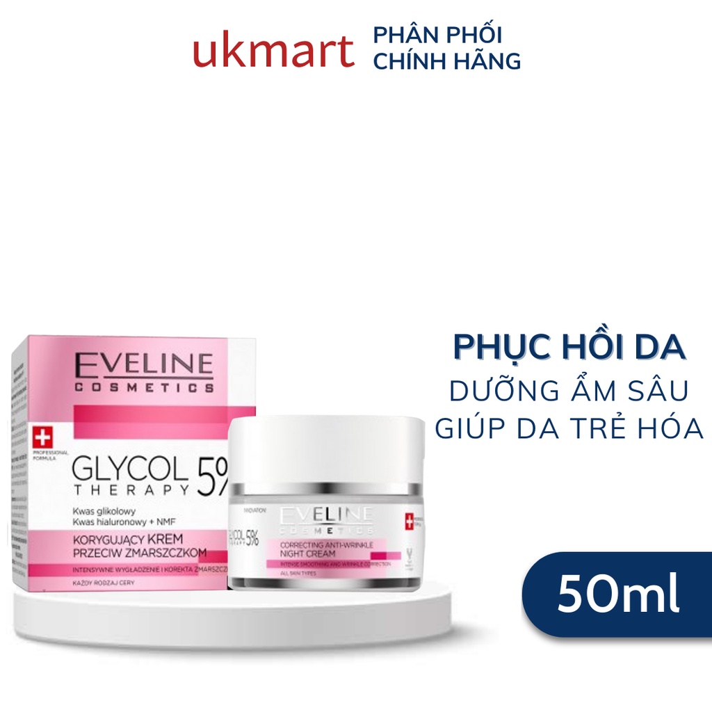 Kem Dưỡng Eveline Glycol Therapy 5% Anti Wrinkle Correcting Cream 50ml Trẻ Hoá Phục Hồi Da Với 5% Glycolic Acid