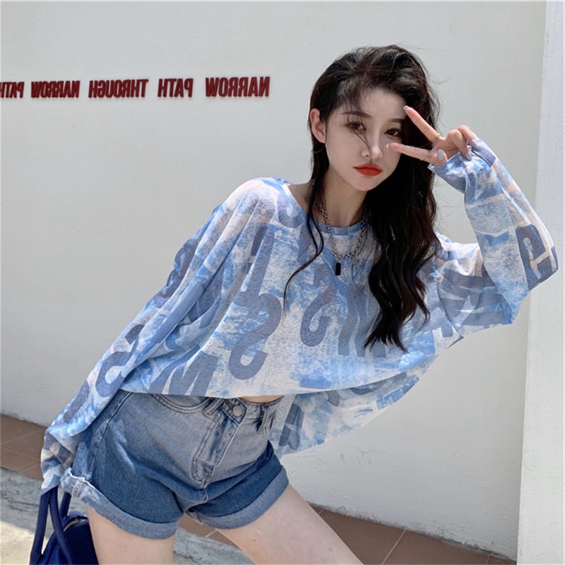 Porozi  Áo thun  tay dài cổ tròn vải mỏng dáng rộng chống nắng phong cách Hàn Quốc thời trang cho nữ