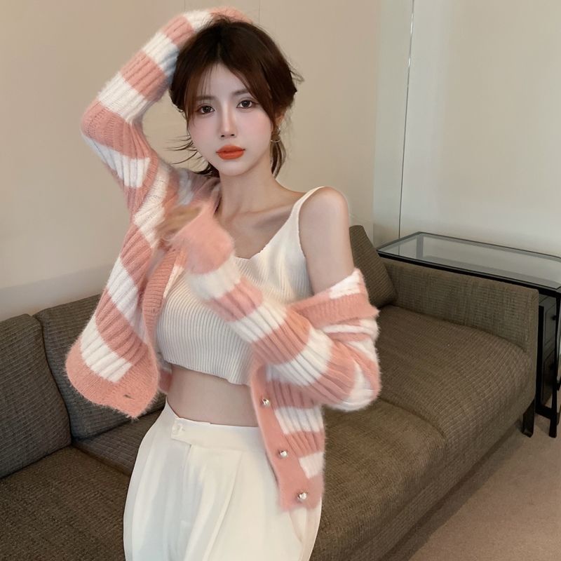 Áo Khoác Cardigan Dệt Kim Tay Dài Có Mũ Trùm Đầu Hoạ Tiết Kẻ Sọc Phong Cách Hàn Quốc Mới