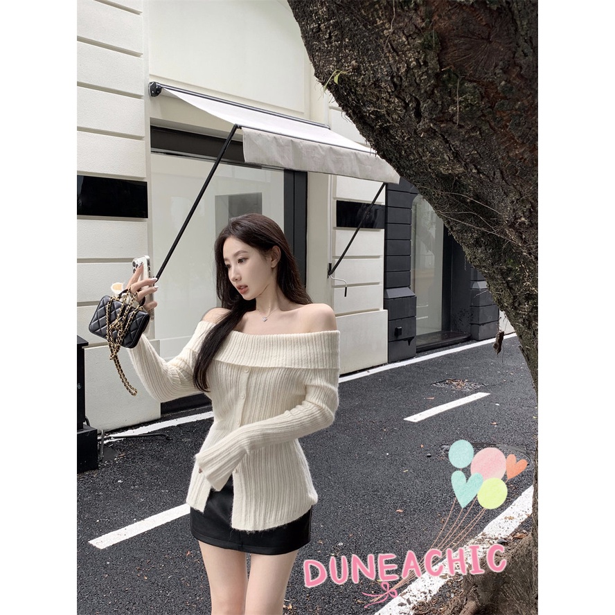 DUNEA Áo Sweater Dệt Kim Tay Dài Trễ Vai Xẻ Tà Quyến Rũ Cho Nữ