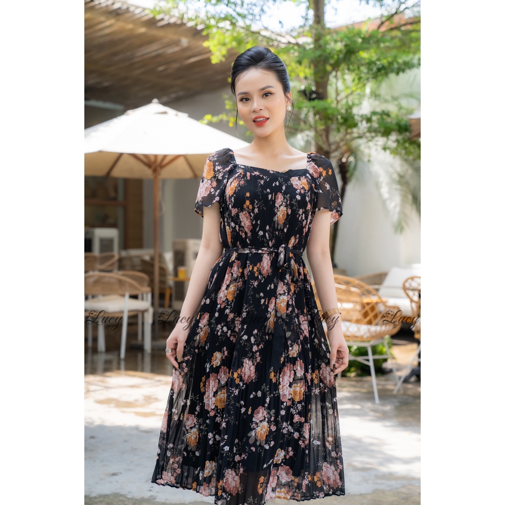 Đầm suông dập ly Azure 5566 voan hoa tay ngắn giá tốt váy Lucy