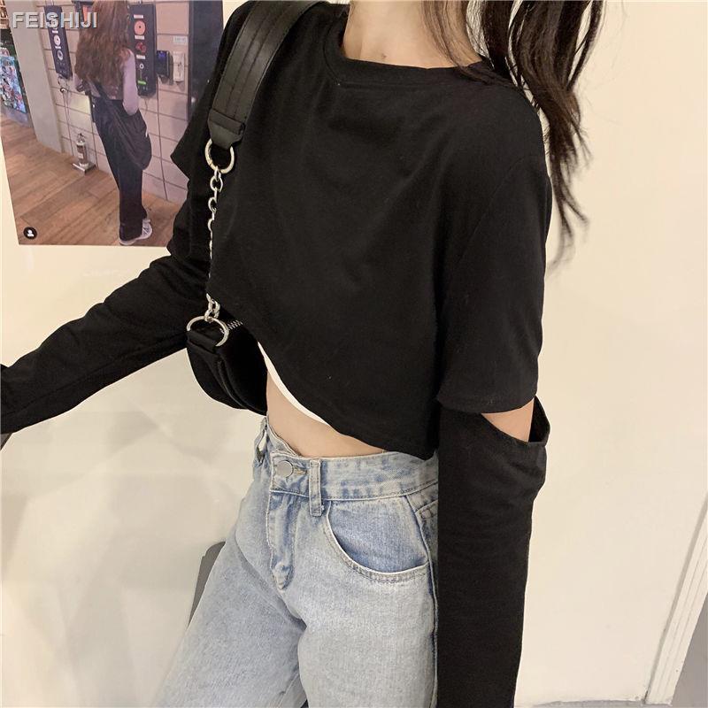 ∈¤☃2021 summer new design hollow fake two-piece long-sleeved T-shirt, female hit color and thin, all-match short top ins tide