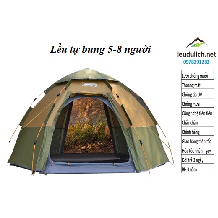 Lều tự bung 5-8 người thương hiệu Hewolf cao cấp, chống mưa to gió lớn, chống muỗi, tia cực tím và có 2 cửa to thoáng