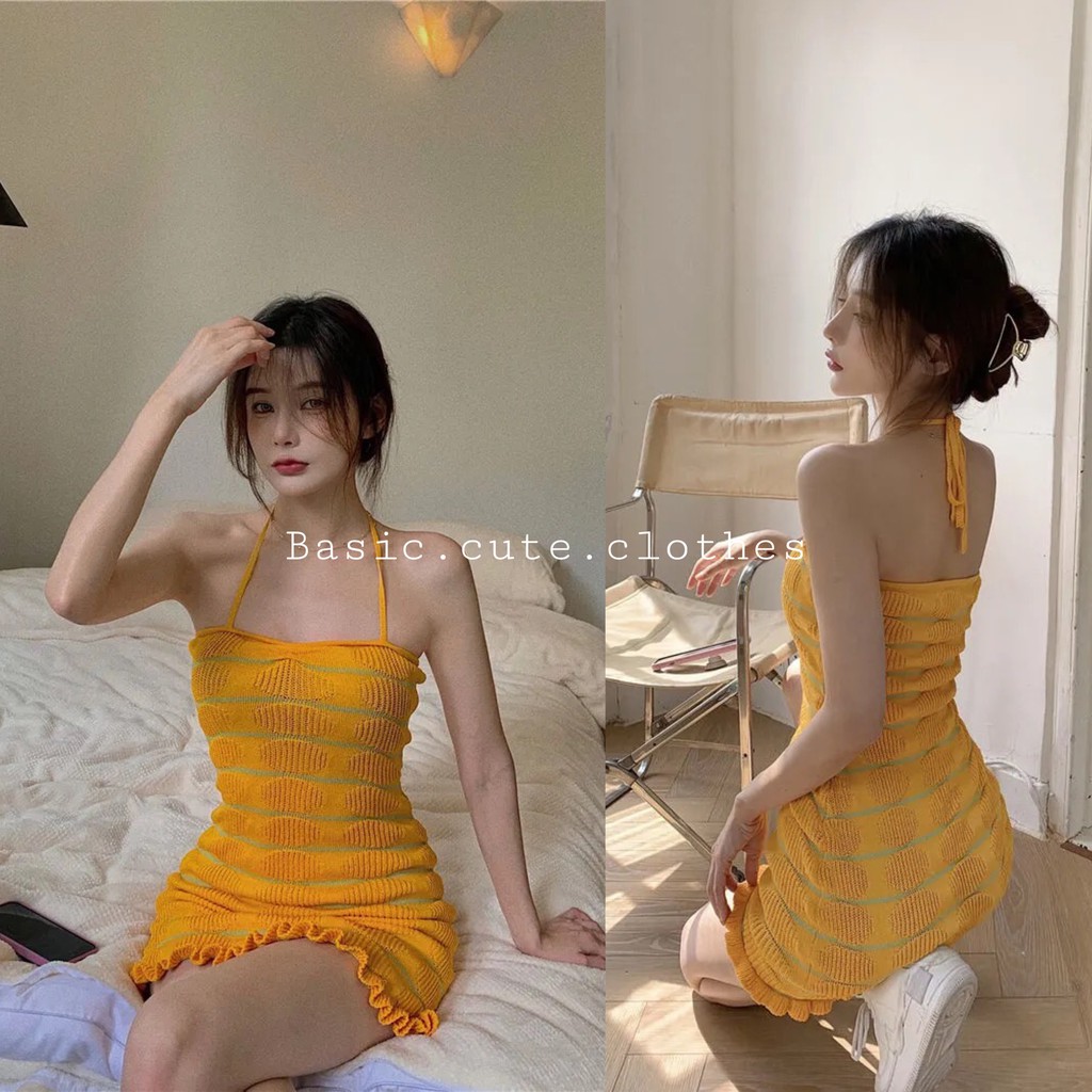 Váy hai dây dạng yếm body ngắn dây buộc cổ màu vàng sexy quyến rũ chất co giãn tốt (order) VHDY001