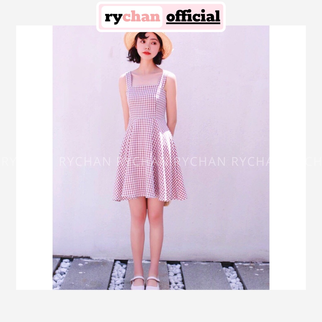 DX807 - Đầm Xòe Caro Hồng Hai Dây