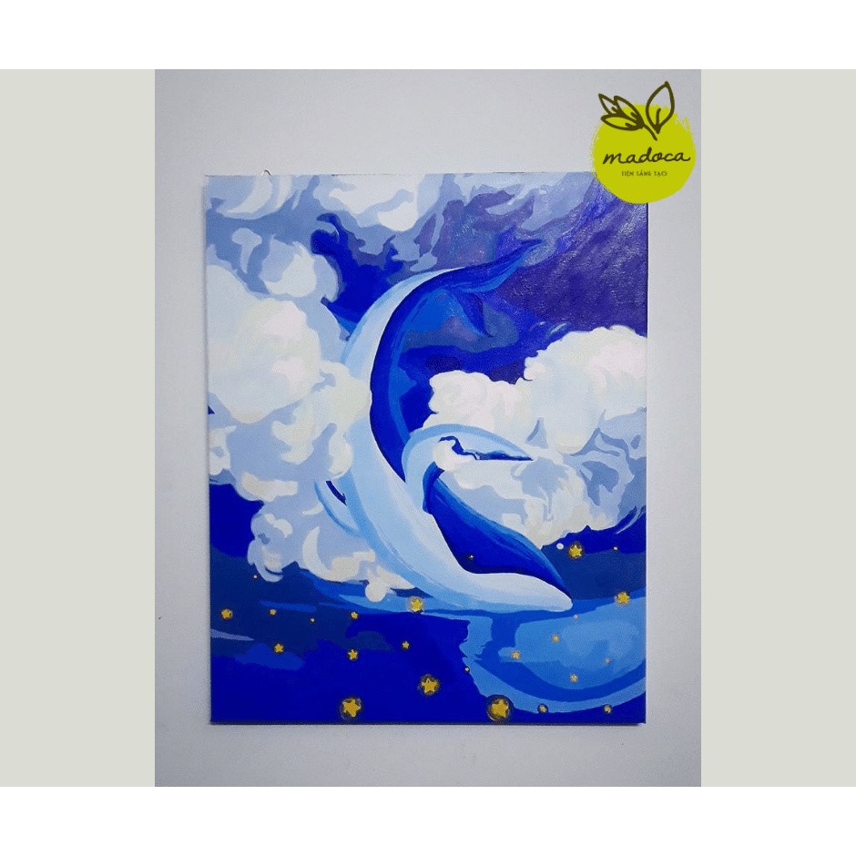Tranh tô màu số hóa Madoca có khung 40x50cm Cá Heo Xanh