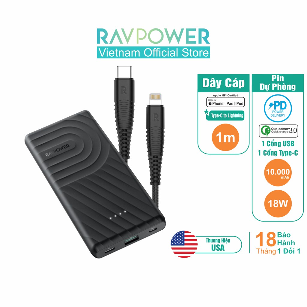 Combo RAVPower Pin Sạc Dự Phòng QC 3.0 PD 18W RP-PB195 + Dây Cáp Sạc Type-C To Lightning