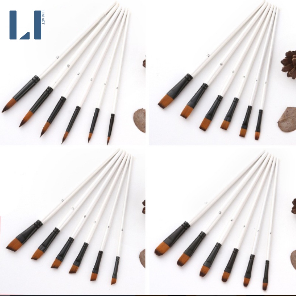 Bộ 6 cọ vẽ gỗ lông mềm cao cấp màu trắng ngọc trai LIM Art