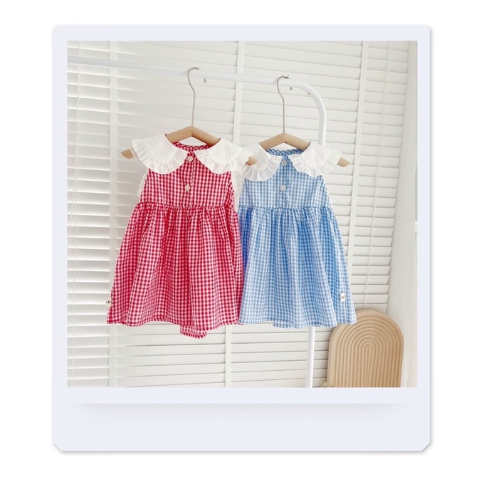 Váy hè sát nách caro tai thỏ chất thô cotton mỏng cho bé gái 0-5 tuổi