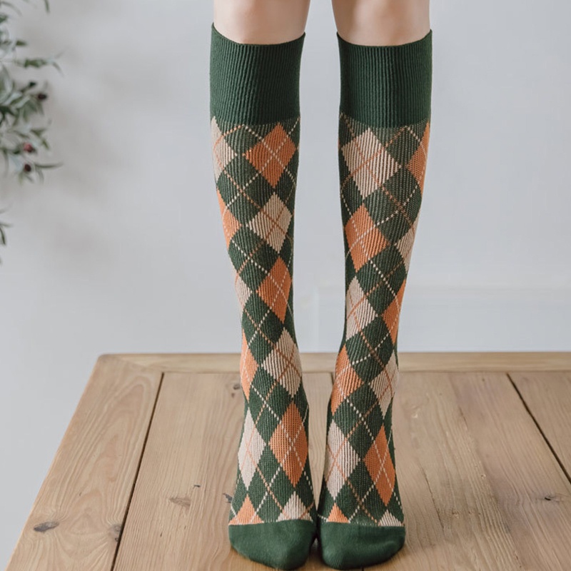 Xiangbao Vớ Cao Đến Đầu Gối Sọc Ca Rô Kim Cương Nhiều Màu Sắc Phong Cách Preppy Nhật Bản Cổ Điển