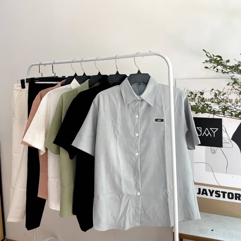 Áo sơmi tay lỡ unisex TAG JAY màu ĐEN/TRẮNG/HỒNG/XÁM XANH/MINT  Nam nữ unisex  Áo sơmi form rộng style Ulzzang