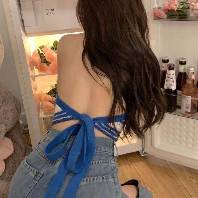 Áo Dệt Kim Hai Dây Hở Lưng Cột Nơ Họa Tiết Kẻ Sọc Phong Cách Pháp Thời Trang Mùa Hè Cho Nữ