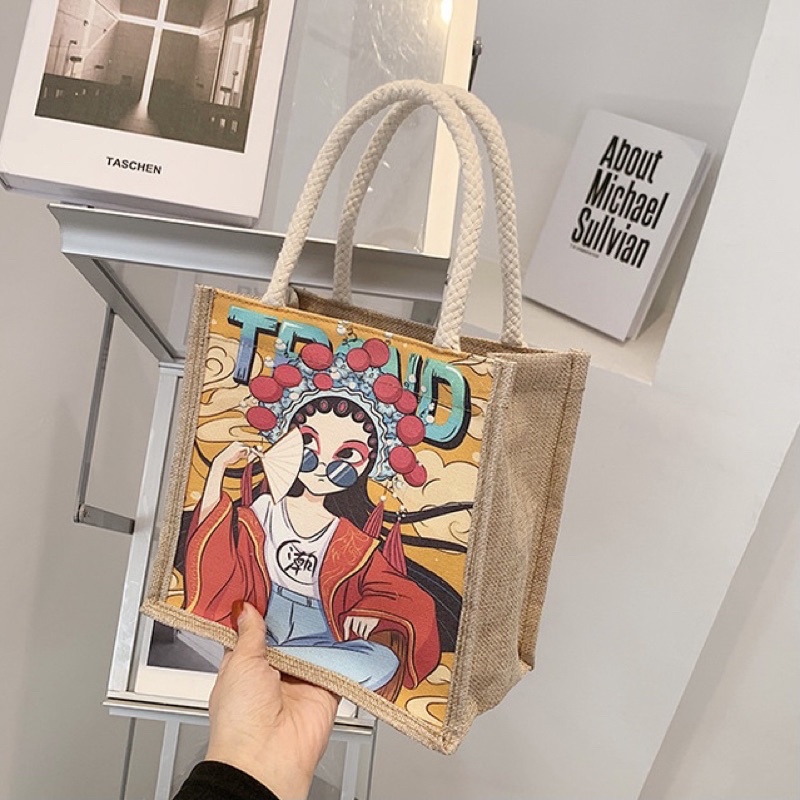 Túi Tote Cói Vải Bố Canvas Hot trend 2021 Có Khoá Đựng Đồ Hoạ Tiết Dễ Thương TOPBRA