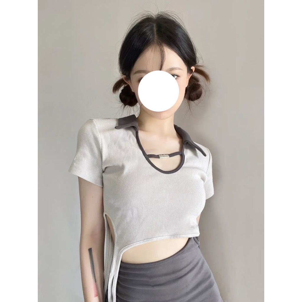 Áo kiểu ZHELIHANGFEI cổ polo ngắn tay lưng cao cột dây thiết kế quyến rũ thời trang