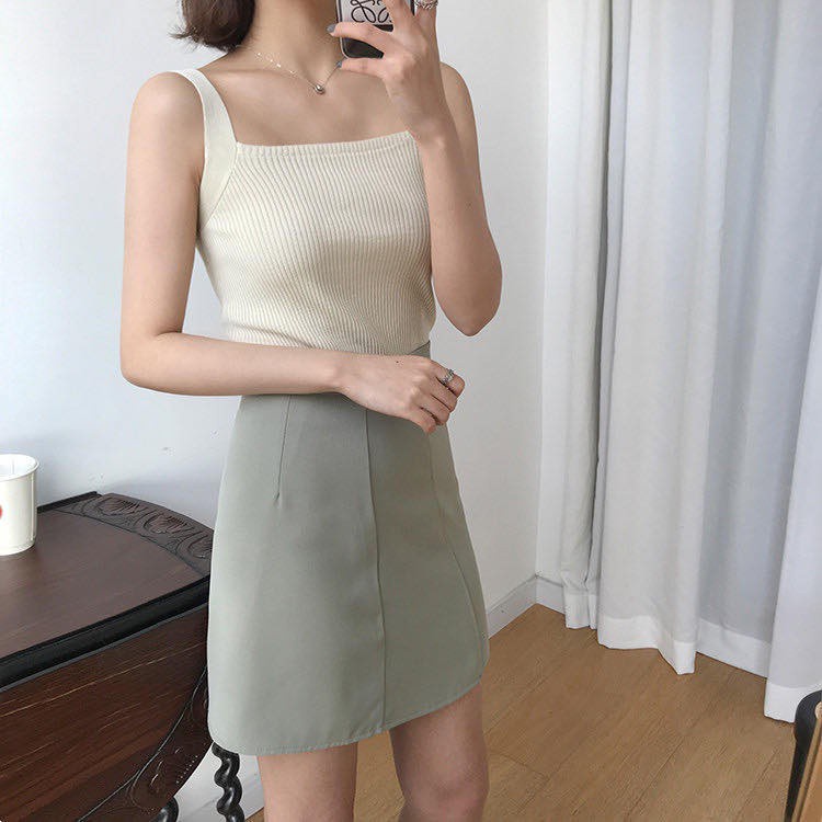 Áo dệt kim Pure Cube hai dây cổ vuông phong cách retro thanh lịch