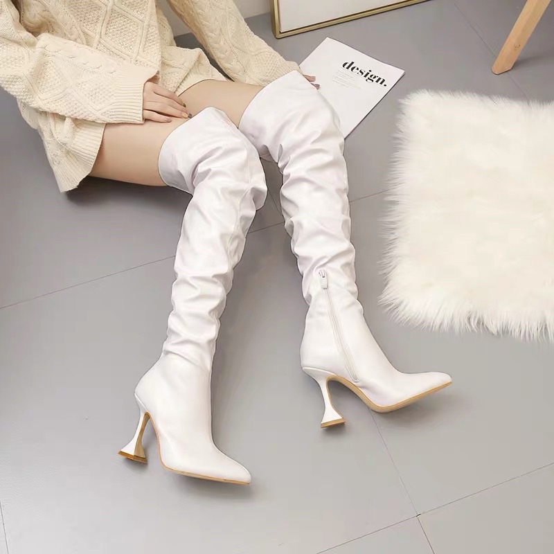 Boot đùi nhún cao gót mũi nhọn