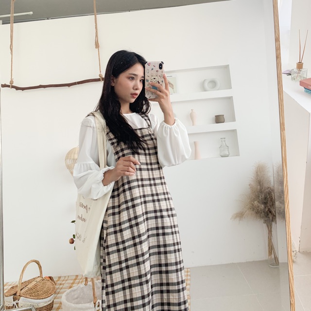 [Mã 151FASHIONSALE1 giảm 10K đơn 50K] Set váy yếm kẻ caro 2 màu 2 chi tiết ( hình thật tự chụp, sẵn)
