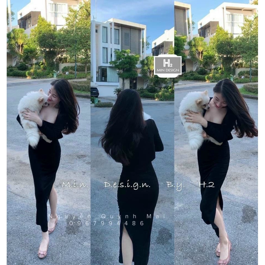 Set đồ nữ đầm ống body ôm sát xẽ tà kèm áo khoác tay dài chất thun gân AK72