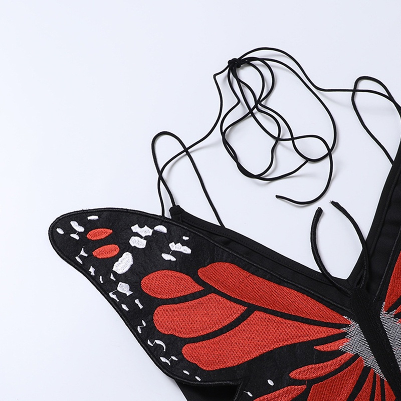 Áo croptop hai dây cổ yếm thêu hình bướm hở lưng gợi cảm cho nữ