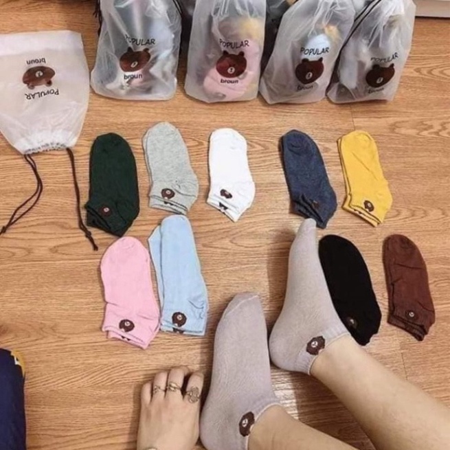 Combo 10 đôi tất nữ cổ ngắn hình gấu kute tặng kèm túi rút