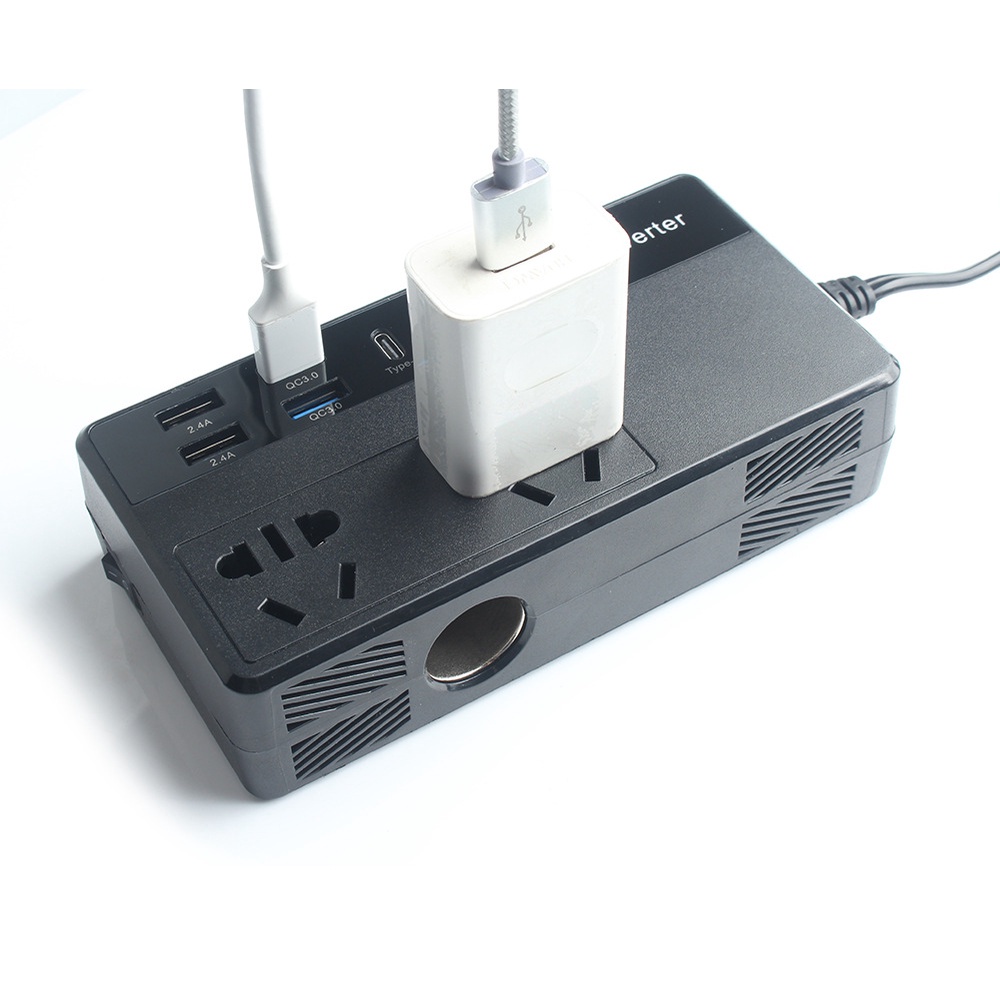 Tẩu sạc ô tô chuyển đổi nguồn điện 200W 12V sang 220V Ổ cắm chuyển đổi điện ô tô đa chức năng, Có thêm jack cắm type C