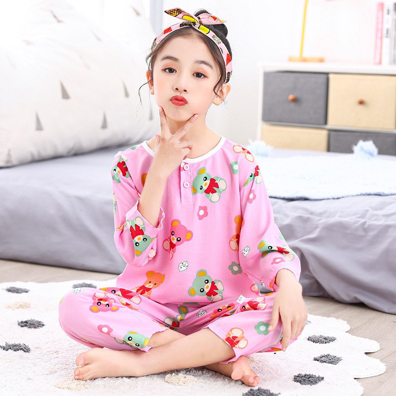 Bộ đồ ngủ cotton tay lửng màu sắc dễ thương thời trang dành cho bé gái