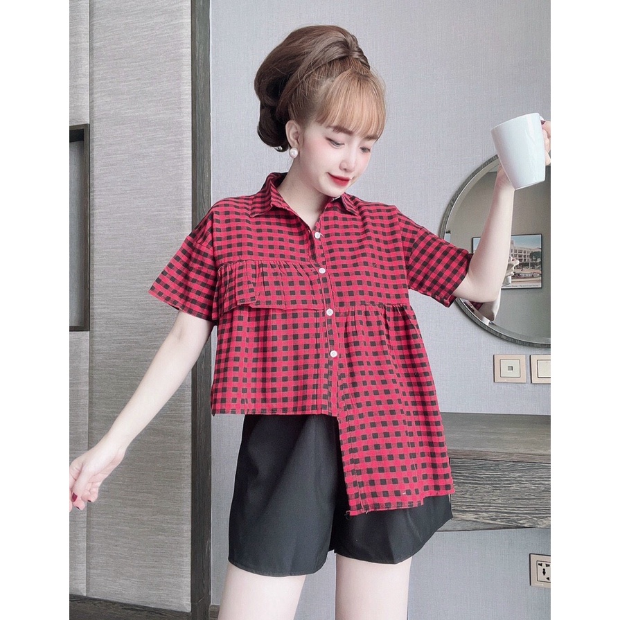 Set bộ nữ mặc đi chơi, áo kiể nữ tay ngắn cổ bẻ, quần đùi ngắn, quần short ngắn
