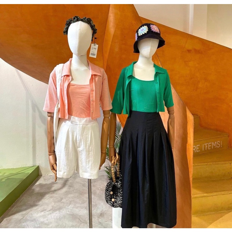 LOVI SHOP Set áo sơ mi croptop thun gân tăm mềm 2 in 1 nhiều màu