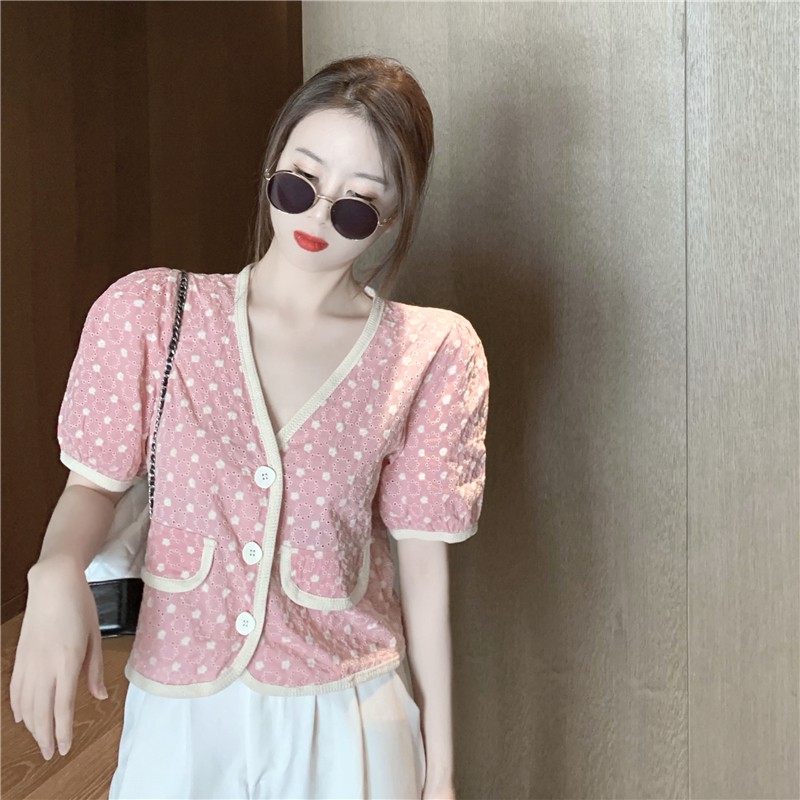 Vintage Crochet Hollow Hong Kong Flavor V-neck Short Sleeve Top