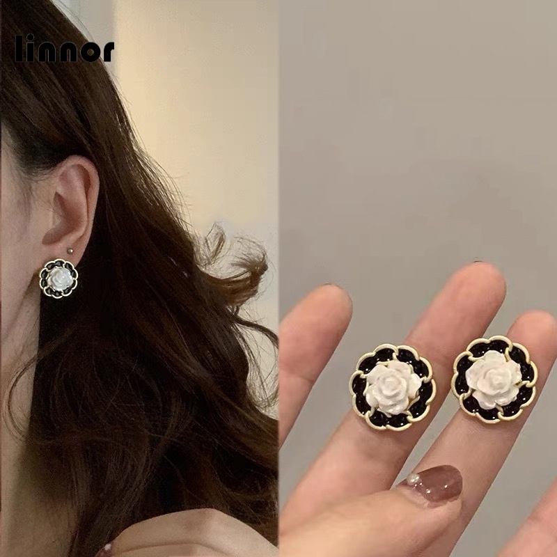 Bông Tai Mạ Bạc 925 Hình Hoa Tráng Men Phong Cách Hàn Quốc Thời Trang