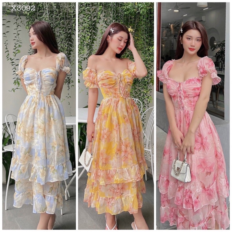 ĐẦM MAXI HOA BẸT VAI ĐAN DÂY NGỰC