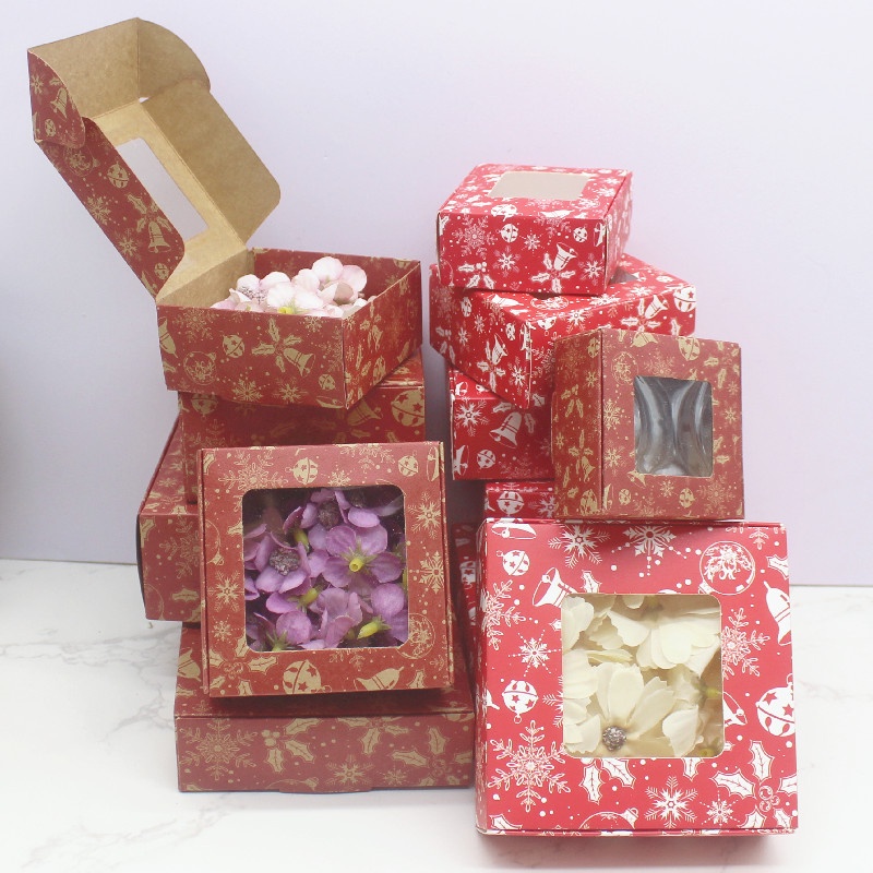 Set 10 hộp đựng kẹo in hình tuyết đỏ có cửa sổ phong cách giáng sinh