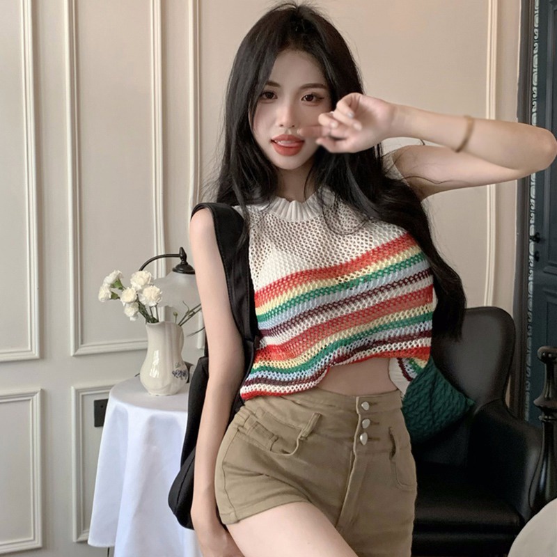 Áo Tank Top Không Tay Cổ Tròn Họa Tiết Kẻ Sọc Màu Tương Phản Thời Trang Hàn Quốc Cho Nữ