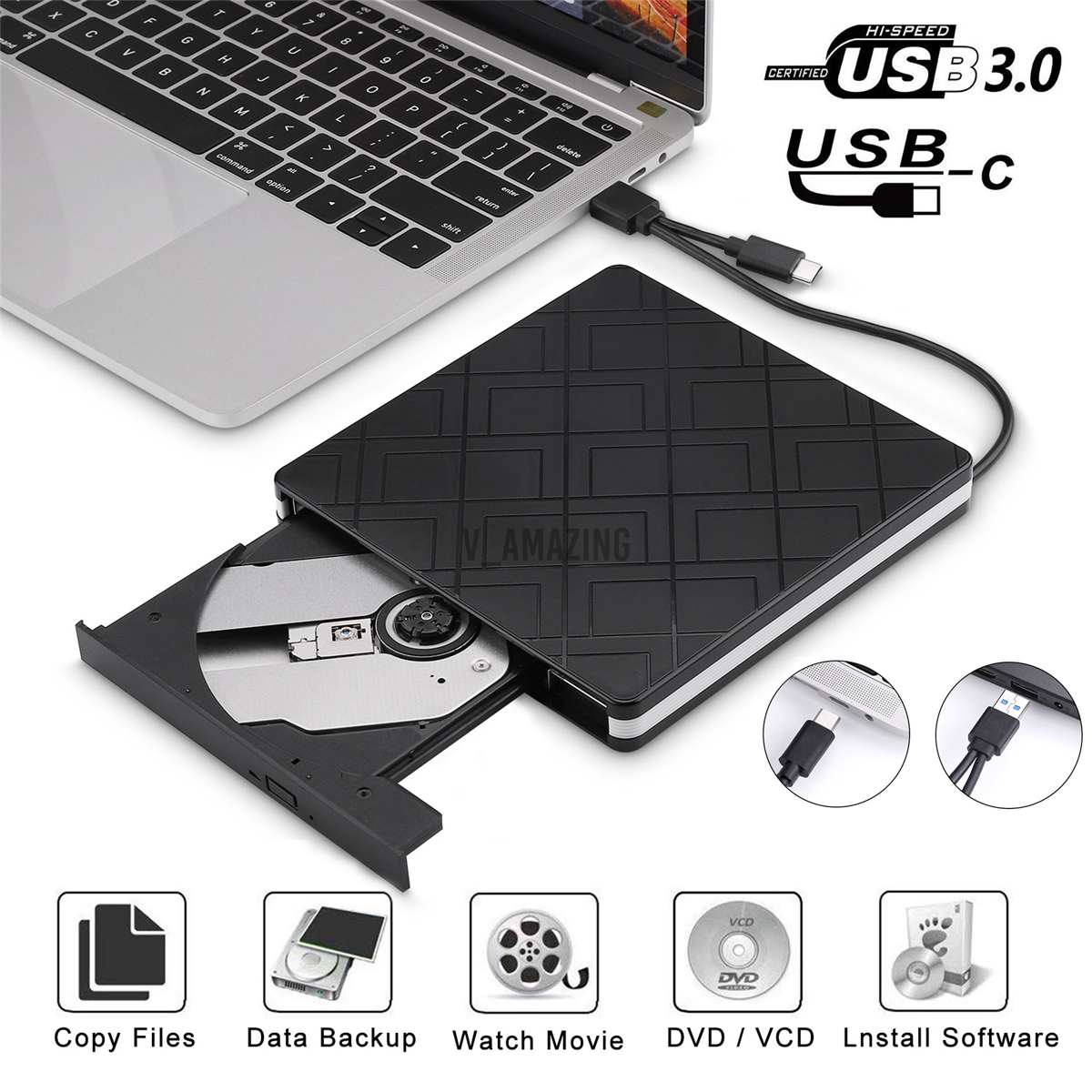 External Type-C DVD Drive Slim USB 3.0 DVD/CD Re-Writer Burner Reader RW Drive