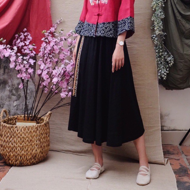 Chân váy linen xoè rộng phối ruy băng, nhiều màu lựa chọn
