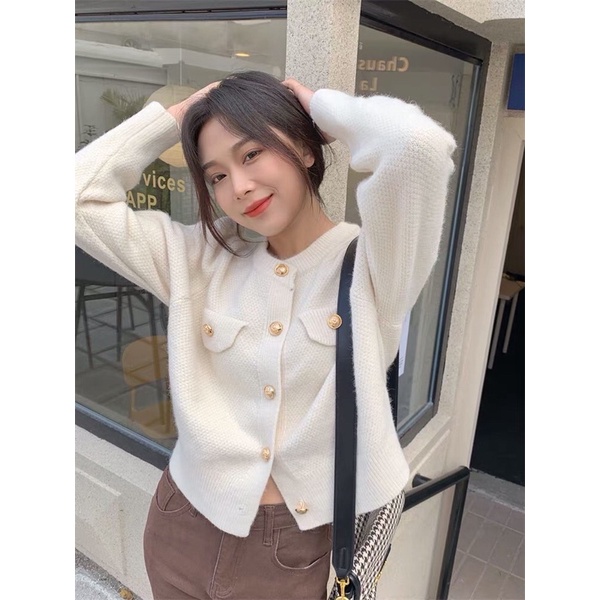 Áo cardigan dài tay chất len dày dặn cổ tròn đóng cúc